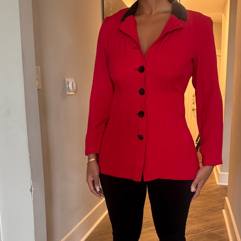 Chic Red Women's Blazer with Black Accents